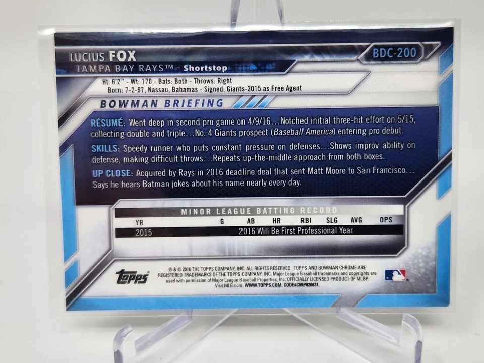 2016 Bowman Chrome #BDC-200 Lucius Fox Orange Auto Signed COA - Image 2 of 2