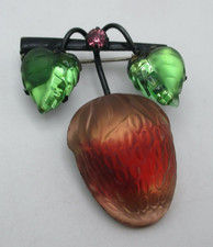 VTG Signed Austria Frosted Glass Strawberry Fruit Brooch Pin