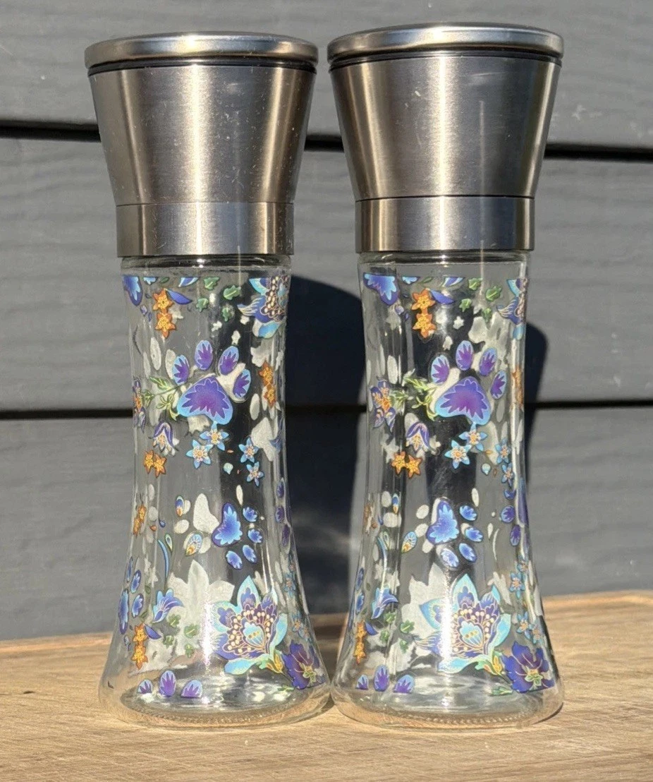 Temptations Salt Pepper Grinder Stainless Steel Glass Painted Floral Paw Print