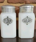 Set 2 VTG 5" Hazel Atlas Milk Glass Flour & Sugar Range Shaker Dispensers