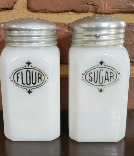 Set 2 VTG 5" Hazel Atlas Milk Glass Flour & Sugar Range Shaker Dispensers