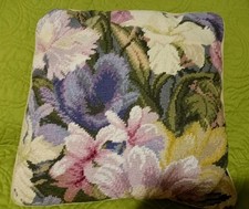 Vtg Wool Needlepoint Accent Pillow Orchids Floral Cottagecore Deco 14"x14"