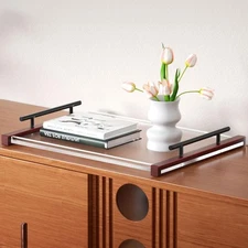 Acrylic/Lucite Clear 12x16 Serving Tray Dark Wood Design w/ handles FAST SHIP