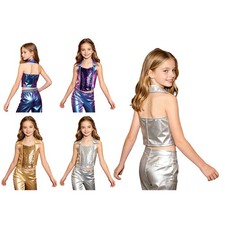 Kids Girls Tank Top Dance Crop Vest Figure Skating Crop Top Metallic Jazz Disco