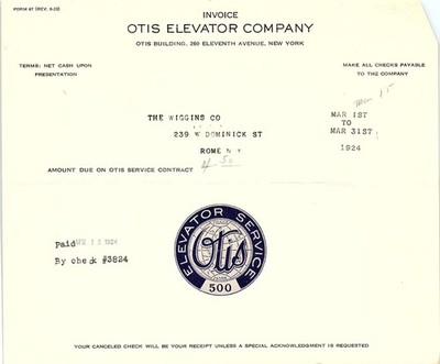 1924 Paid Otis Elevator Company Invoice with Logo