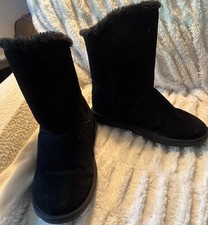 Ladies Minnetonka Short Black Suede Boots Shearling Lining Size 7m