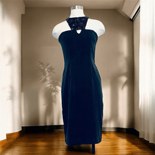 Vintage Silk Black Sequin Tube Halter Pencil Shift Dress Midi Small