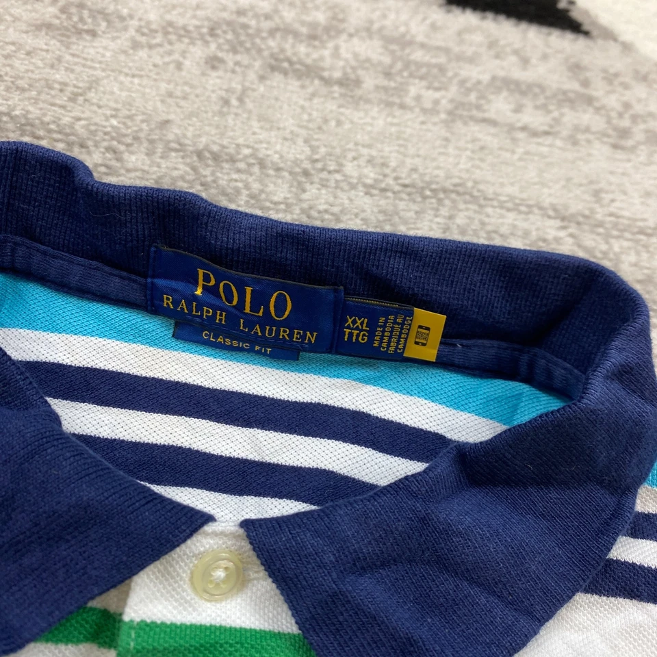 Vintage Ralph Lauren Polo Shirt 2XL XXL Blue Red Green Rugby Colorblock Men 90s - Image 4 of 4