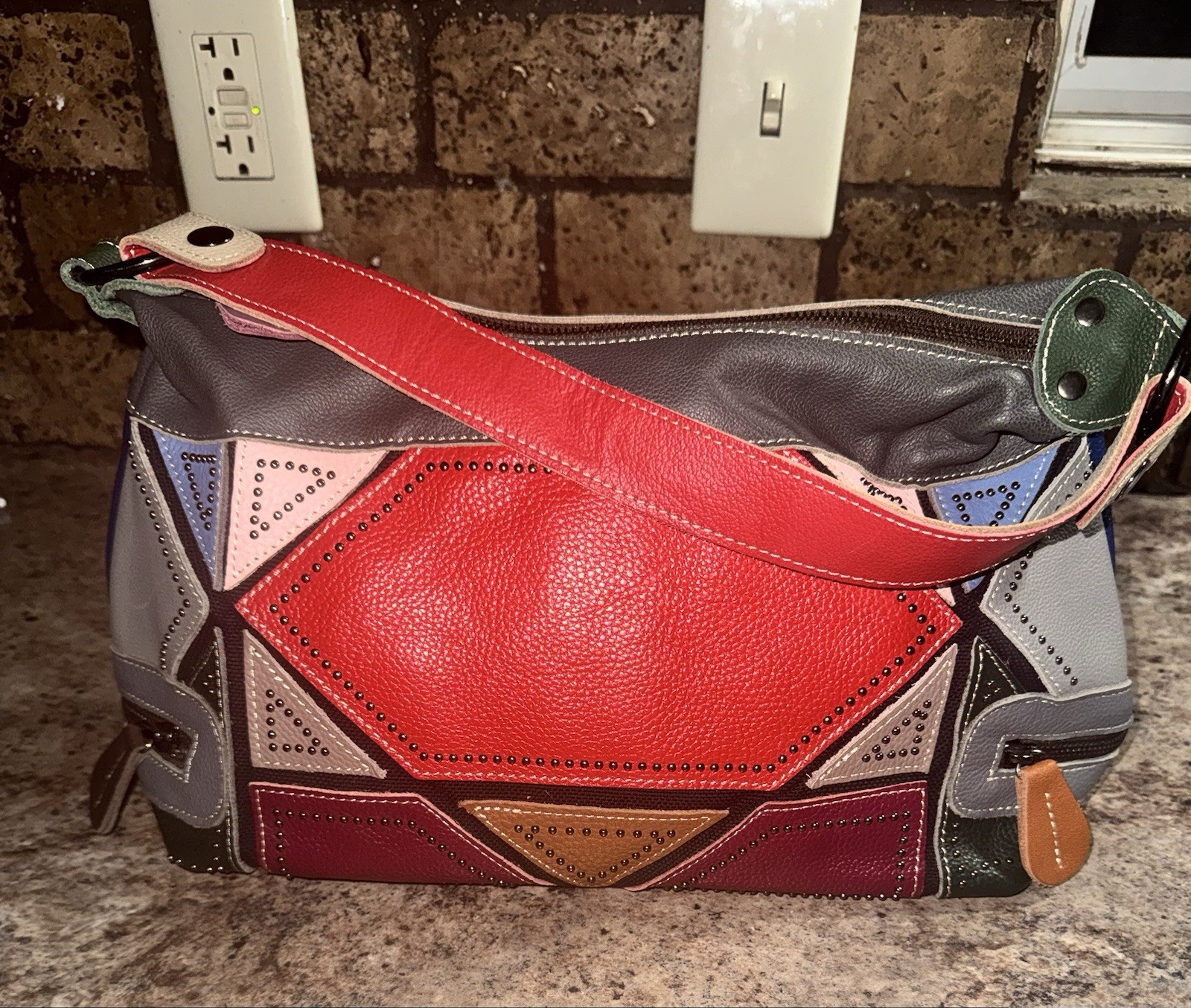 Multicolor Patchwork Studded Shoulder Bag with Zi… - image 1