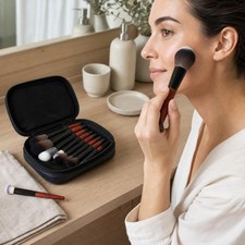 Cosmetic Brush Set Portable with Wood Handles and Storage Case, for Daily Use