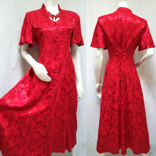 NWOT Vintage 90s Whimsigoth Romantic Red Satin Floral Fairy Tie Back Dress - L