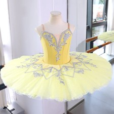 Girls Yellow Ballet Tutu Dress Handmade Silver Rhinestone Stage Costume