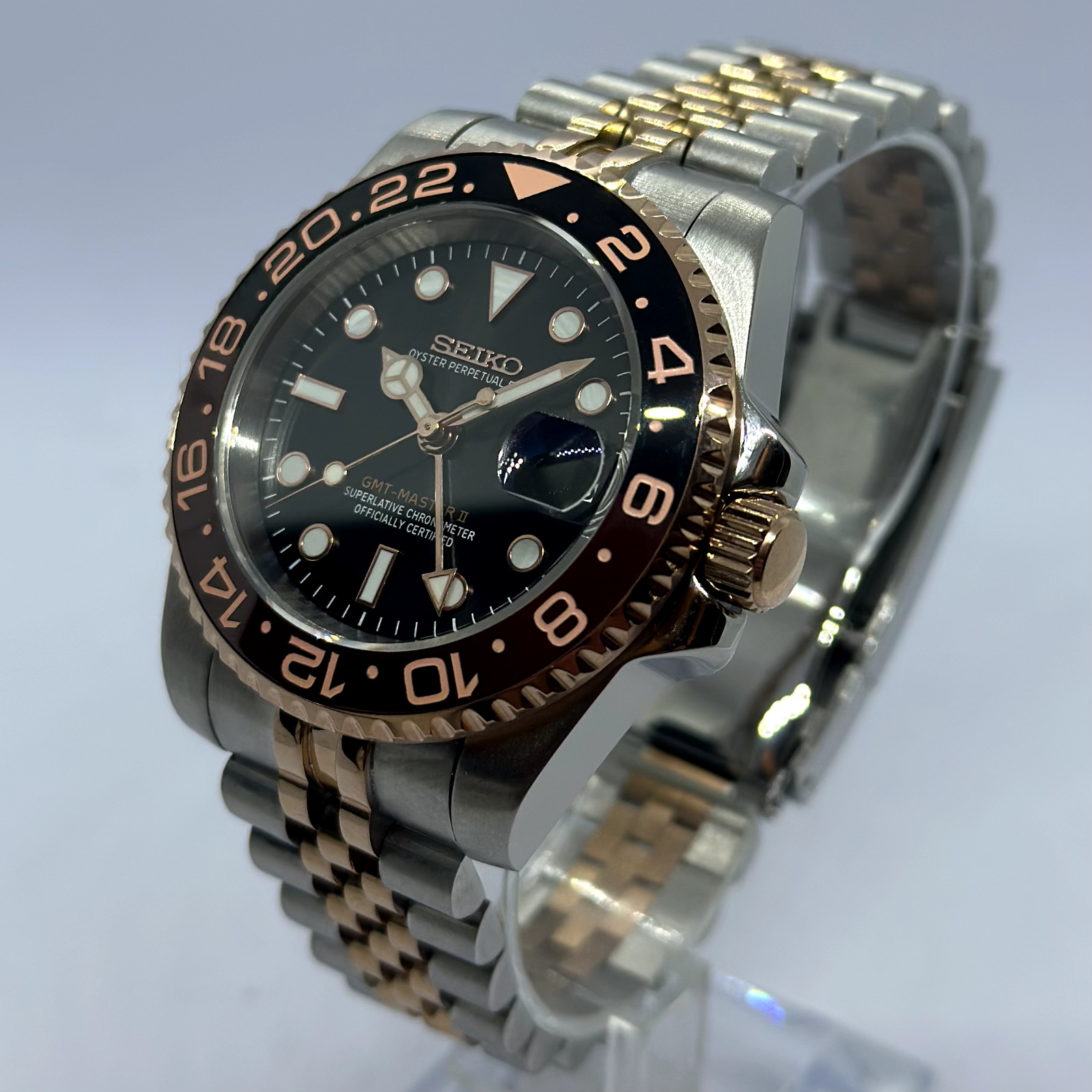 Rootbeer Seiko GMT NH34 Mod - 40mm Automatic Watch - Oyster / Jubilee