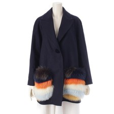 FENDI FF8247 2016 Wool Cashmere Fox Fur Short Coat Size 38 Navy From Japan