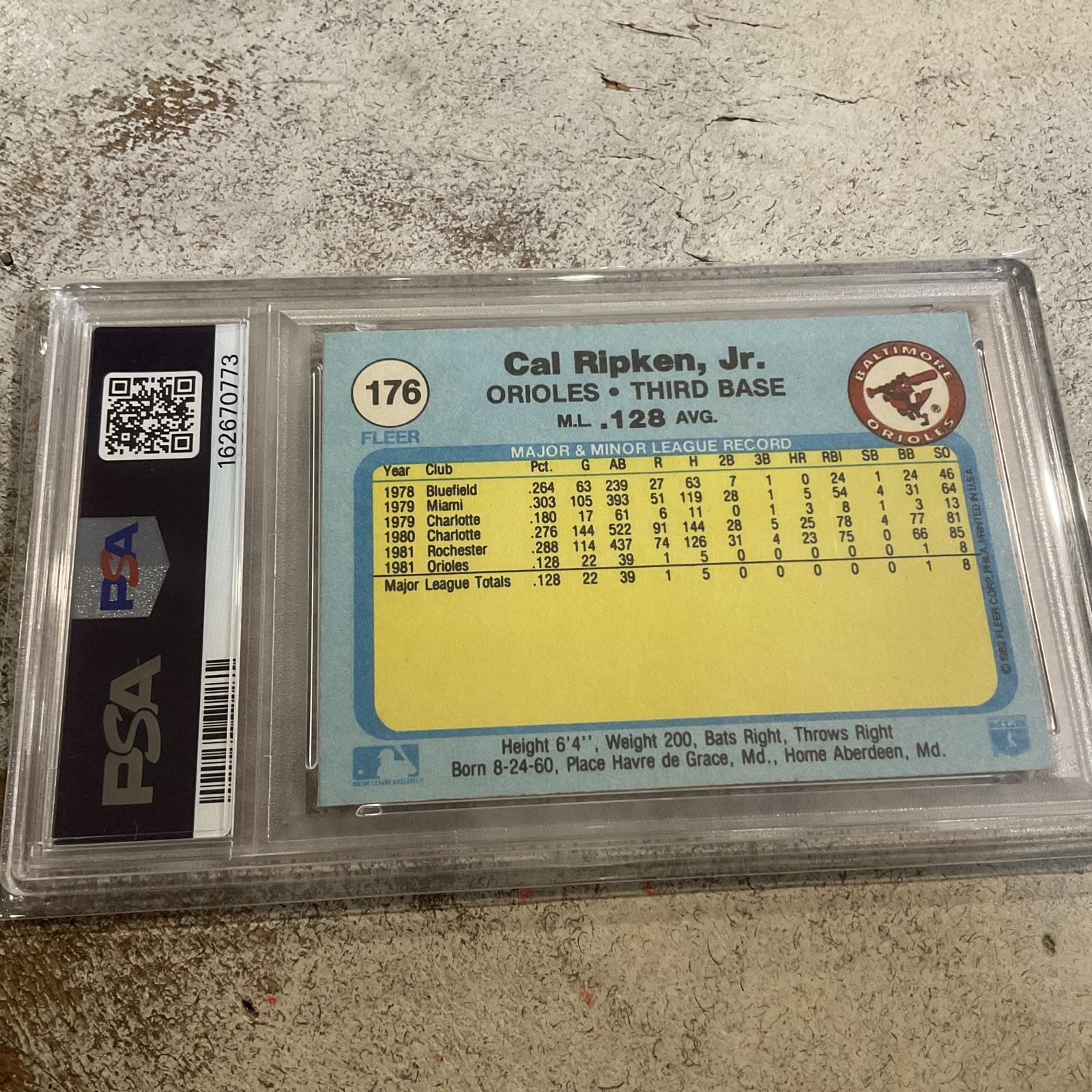 CAL RIPKEN JR. ROOKIE CARD- FLEER 1982 CARD #176- GRADED PSA 7 NEAR MINT-ORIOLES view 6