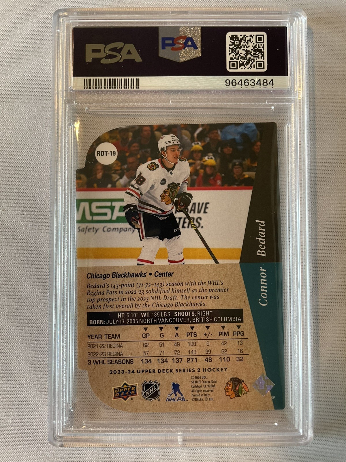 2023-24 Upper Deck #RDT-19 Connor Bedard PSA 8 RC 1994-95 Die-Cut Blackhawks view 2