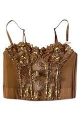 Brown Gold Sequin Floral Mesh Corset Top Boned Sheer Lace Size 34