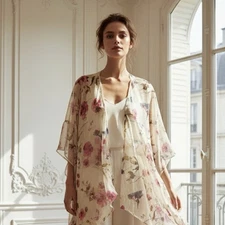 FRANCESCA'S Womens Floral Lace Ruffle Kimono One Size Swiss Dots Fairy Whimsical