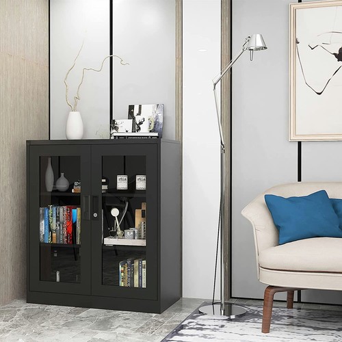 Metal Storage Cabinet with Lock Glass Doors 2 Adjustable Shelves for Home Office - Picture 8 of 8