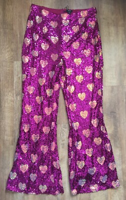 UK18 Nasty Gal Hot Pink Hearts Sequin Flared Leg Trousers Pants Festival Sparkle