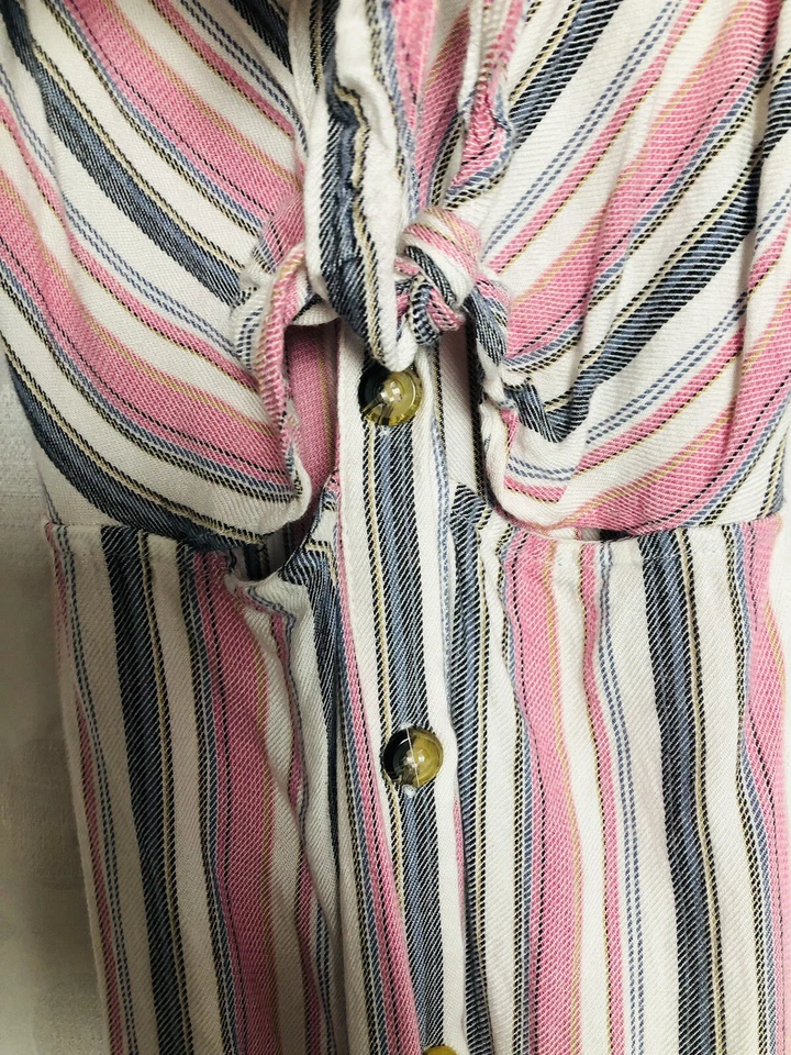 Mimi Chica Midi Solero Para Mujer’s S Frontal Atar Botones Rosa Rayas Playa Boho Foto 4 de 4