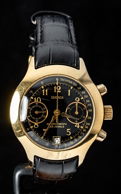 Sekonda USSR Chronograph Black Dial Gold-Plated Men's Hand-Wind Watch -- Working
