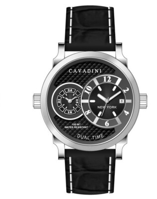 CAVADINI Herrenuhr Dual Time New York 47mm Edelstahl Schwarz Lederband CV-2000