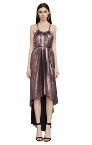 bcbg pleated metallic halter gown