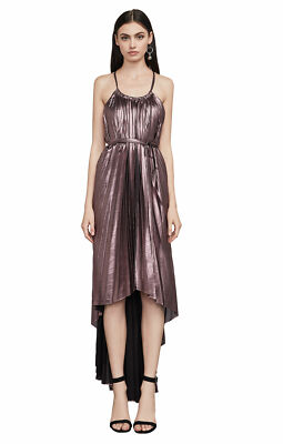 bcbg pleated metallic halter gown
