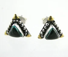 Sterling Silver and Brass Tipped Green Enamel Triangular Stud Earrings 925 1.5g