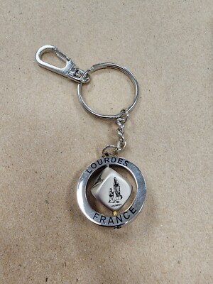 Keychain - Lourdes France - Center Spinner - Silver w/Carabiner