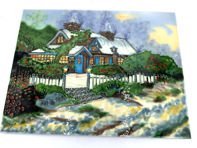 Cottage Scene Large Tile Art Trivet 14 x 11'' Rural Textured Wall Decor Vintage