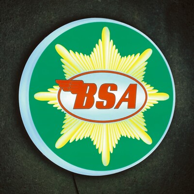 BSA MOTORRAD LED LEUCHTSCHILD LOGO GARAGE OLDTIMER AUTOMOBILIA BANTAM GOLD STERN