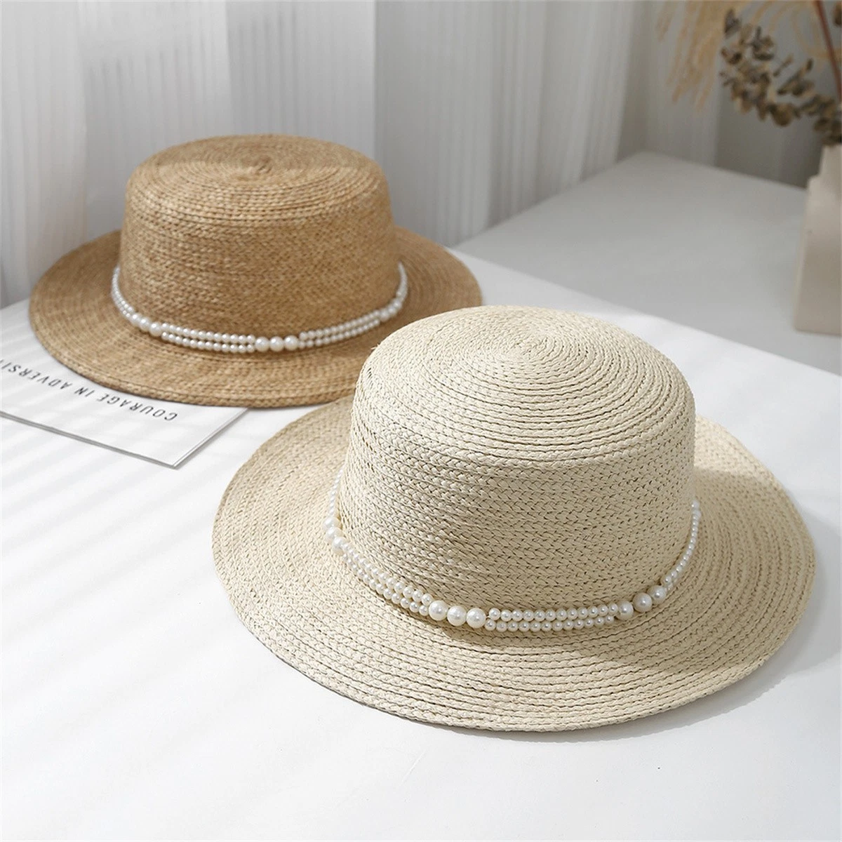 Women's Flat Top with Pearls Band Straw Hat Wide Brim Summer Beach Sun Cap