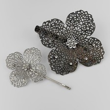 Vintage Silver Tone Filigree Floral Rhinestone Hair Pins Art Deco