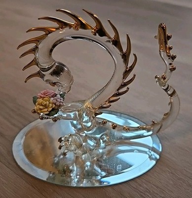 Dragon Gold Clear Figurine of Blown Glass Crystal Flower With Mirror Stand