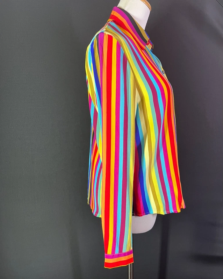 Camisa de seda vintage años 90 Jones New York talla 8 colorida arco iris a rayas abotonada Foto 4 de 4