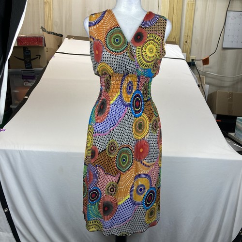 Womens Lg Multicolor Beach Casual Dress Boho Slinky Smocked Elastic Sleeveless - Picture 1 of 15