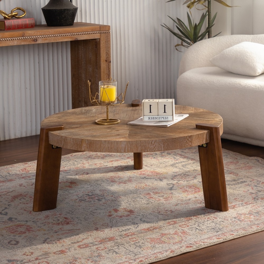 36.61" Round Herringbone Coffee Table, Solid Wood & MDF, Natural Finish