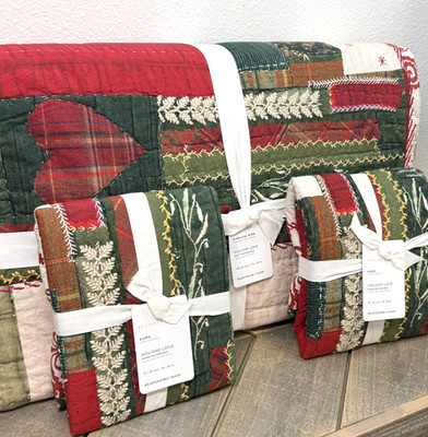 POTTERY BARN HOLIDAY LOVE REVERSIBLE KING QUILT + 2 EURO SHAMS CHRISTMAS BEDDING