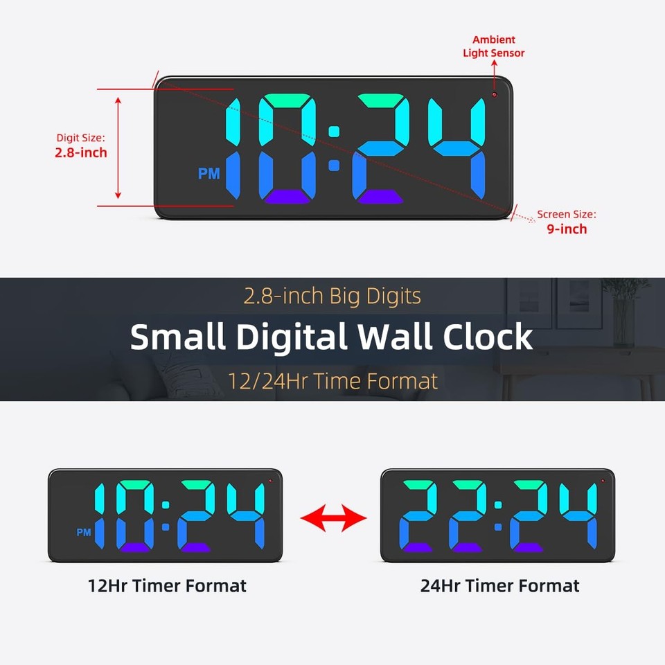 LED Digital Wall Clock With RGB Color Changing Display - Auto Brightness 12/24Hr Format