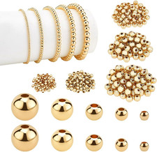 14K Gold Plated Spacer Beads, 300pcs Round Brass Beads 5 Size Metal Smooth Beads