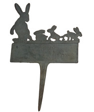 Vintage MCM Copper ? Bunny Crossing Yard Garden Sign 11x7 Easter Green Patina