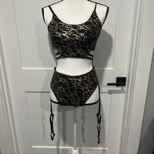 Two Piece Dance Costume Black  Gold Pole/Festival Garter Strap Outfit Adult S/M