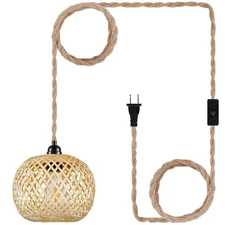 Boho Plug in Pendant Light Wicker Rattan Hanging Lights with 15ft Hemp Rope C...