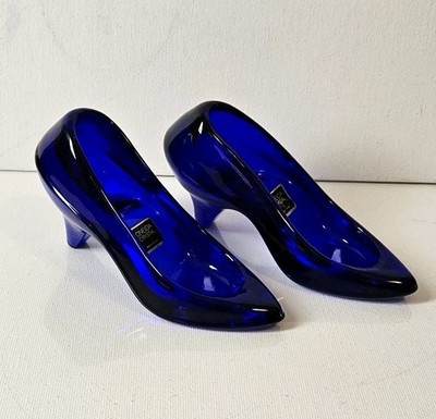 2 Cobalt Blue Crystal Glass Shoes Heels Cinderella Slippers Oneida 24% Lead 4'' 