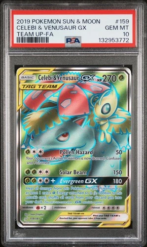 2019 POKEMON SUN & MOON TEAM UP #159 FULL ART/CELEBI & VENUSAUR GX PSA 10