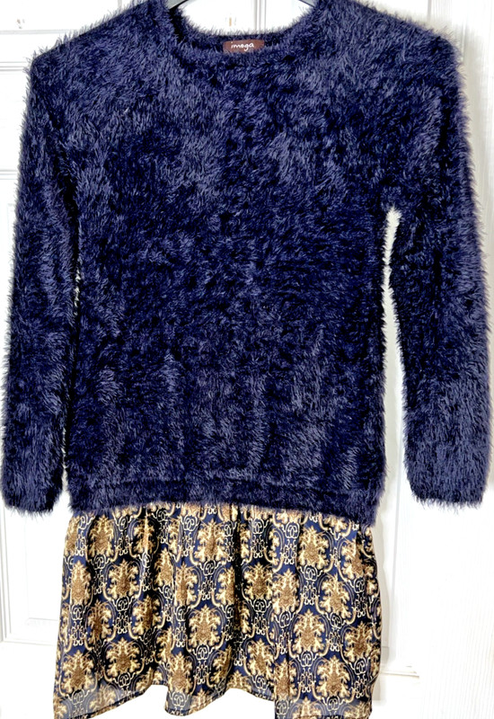 Designer Imoga Girl Sz 10 Sylvie Scarlet Dress 1pc Navy Blue Fuzzy Sweater Satin