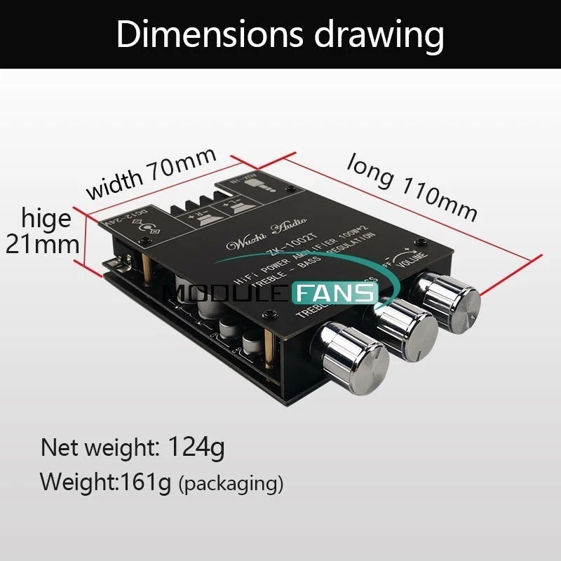ZK-1002T 2x100W Bluetooth Audio Power Amplifier Board Mono Amp Module TPA3116D2 - Image 4 of 4
