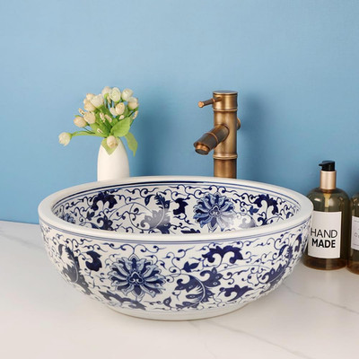 Elegant 18'' Blue & White Porcelain Vessel Sink with Bamboo Faucet & Drain Combo